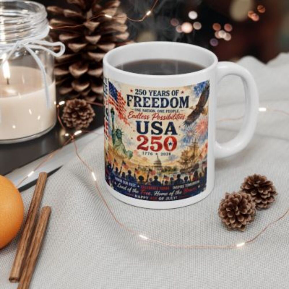 USA Patriotic Ceramic Mug — Liberty, Eagles & Fireworks 250 Years Celebration